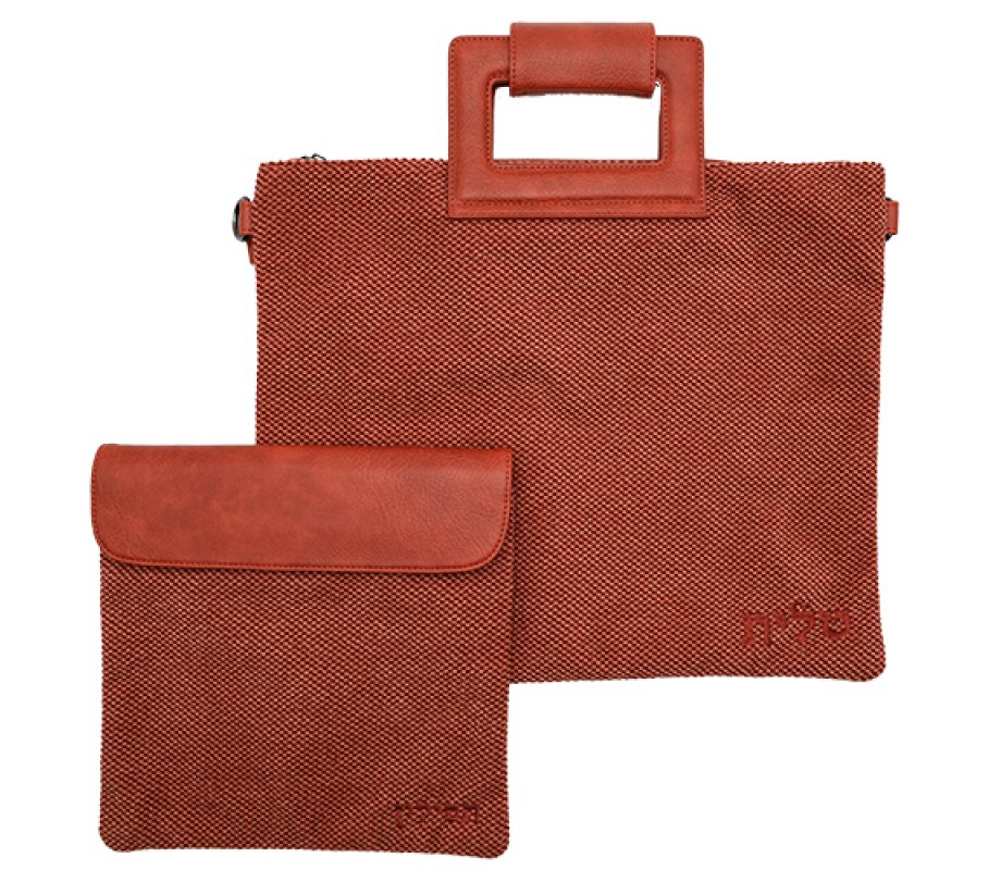 Tallit and Tefillin Bag Set with Handle, Deep Red Fabric and Faux Leather