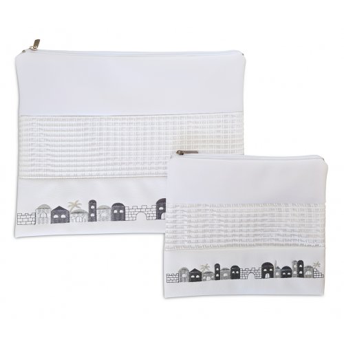 Tallit and Tefillin Bag, White Faux Leather  Silver and Gray Jerusalem Images