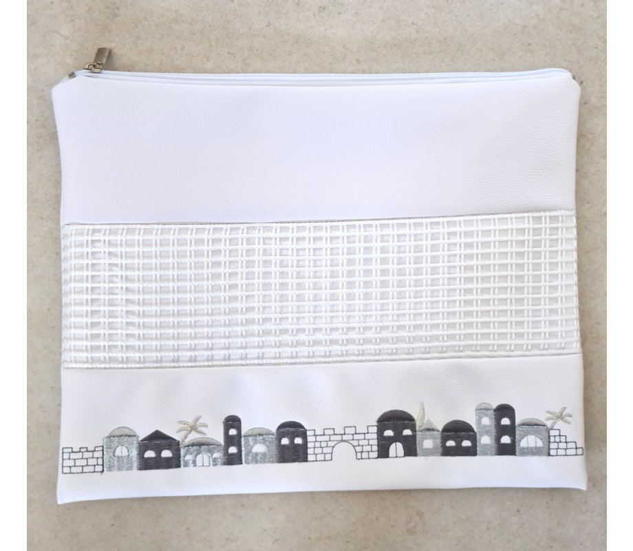 Tallit and Tefillin Bag, White Faux Leather – Silver and Gray Jerusalem Images