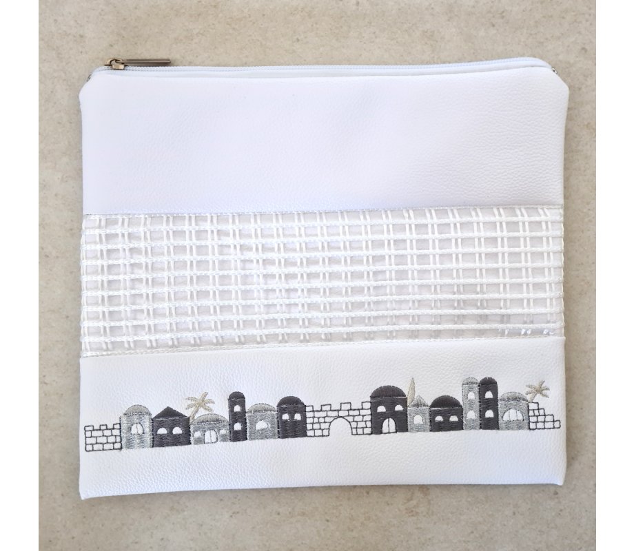 Tallit and Tefillin Bag, White Faux Leather – Silver and Gray Jerusalem Images
