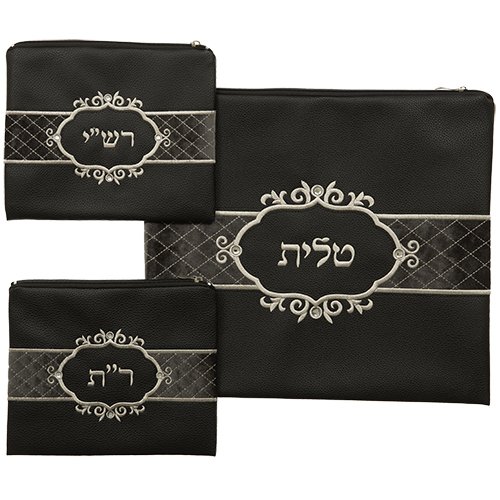 Tallit and Two Bags for Tefillin of Rashi and Rabbeinu Tam  Black Faux Leather