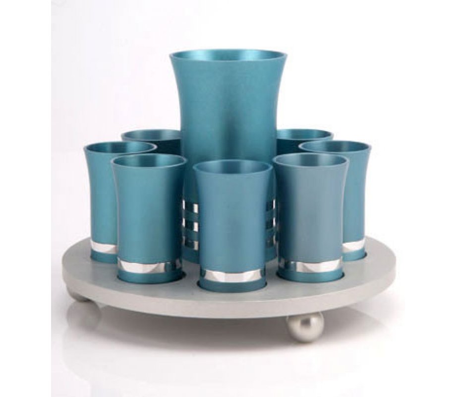 Teal-Silver 9 Kiddush Cup Set by Agayof