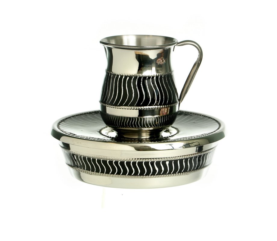 Three Piece Mayim Achronim Set, Silver Stainless Steel and Black Enamel Waves