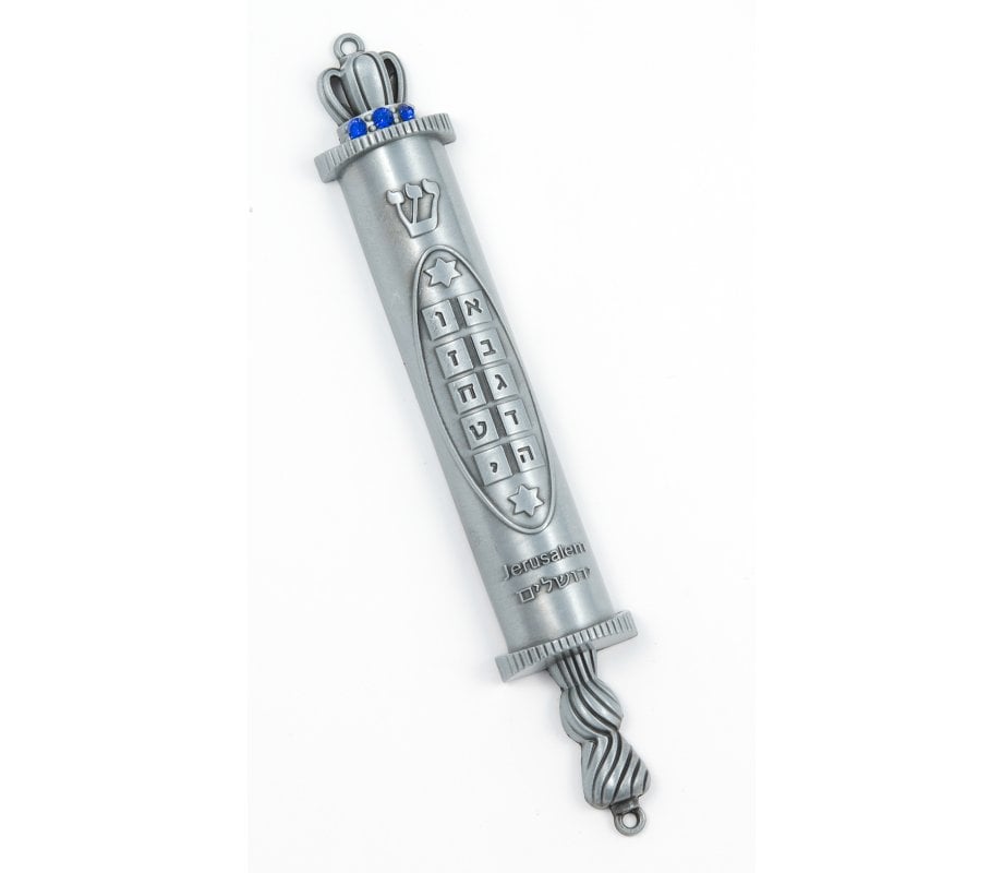 Torah Scroll Mezuzah Case, Crown Decoration and Tablet Depiction, Pewter - 5.7