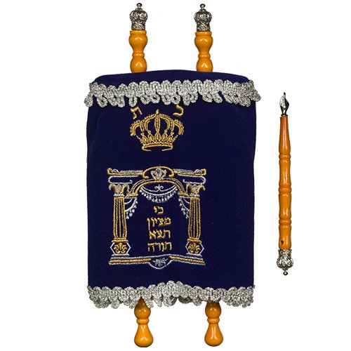 Torah Scroll for Children, Embroidered Blue Velvet Cover & Pointer - Small