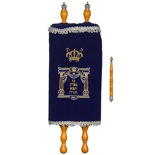 Torah Scroll for Children, Embroidered Blue Velvet Cover & Pointer, Large