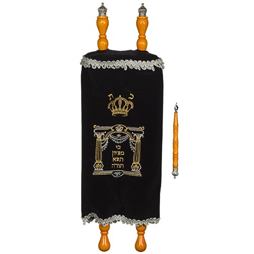Torah Scroll for Children, Embroidered Dark Blue Velvet Cover & Pointer, Large