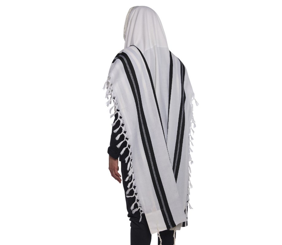 Traditional Turkish Wool Tallit Non Slip Prayer Shawl with Lining - Black Stripes