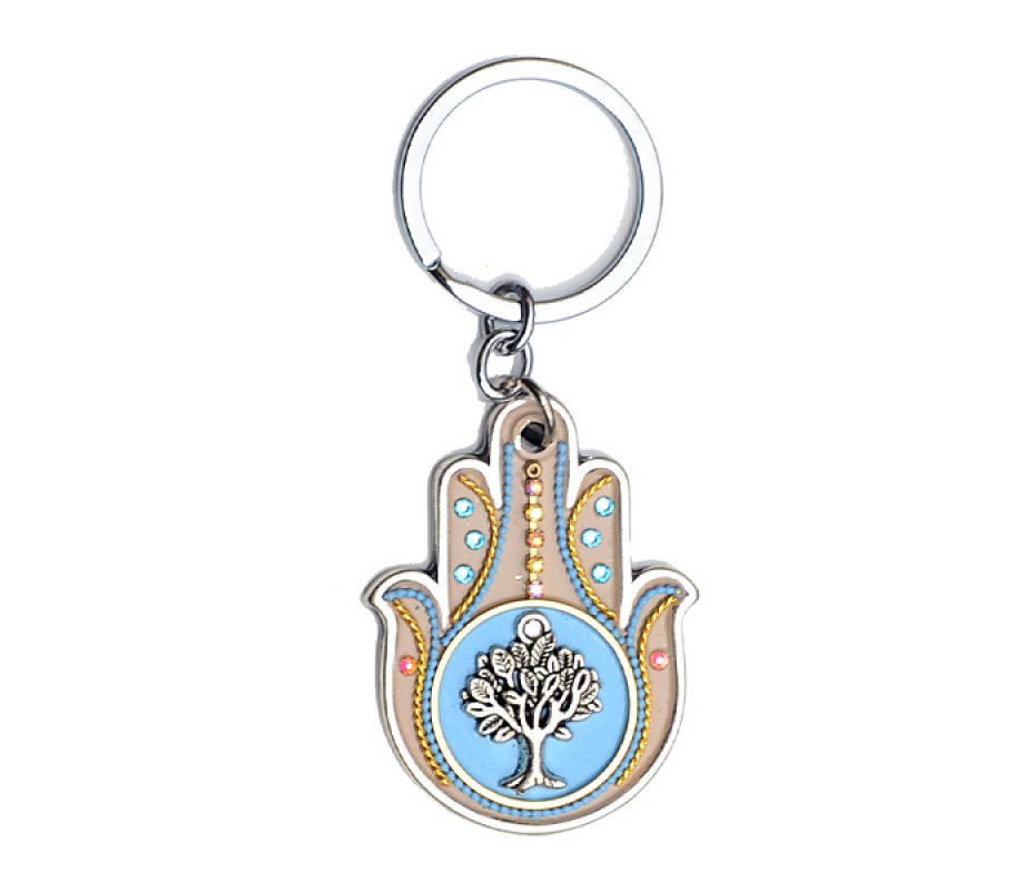 Tree of Life Hamsa Key Ring in Light Blue by Ester Shahaf