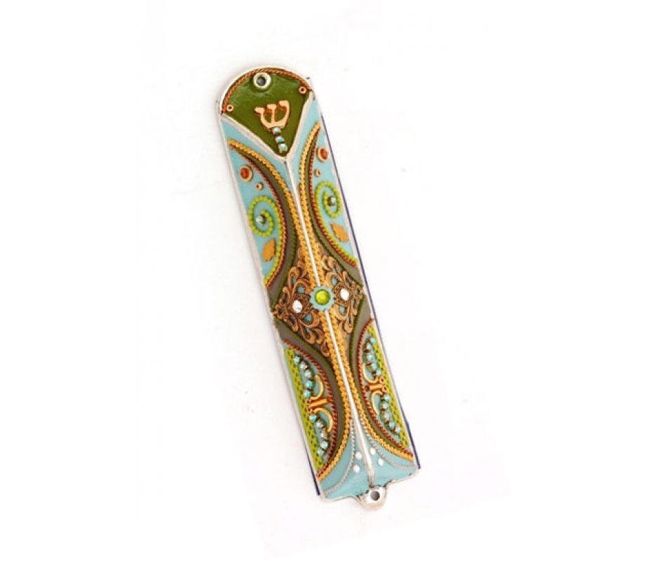 Triangle Pewter Mezuzah Green and Blue by Ester Shahaf