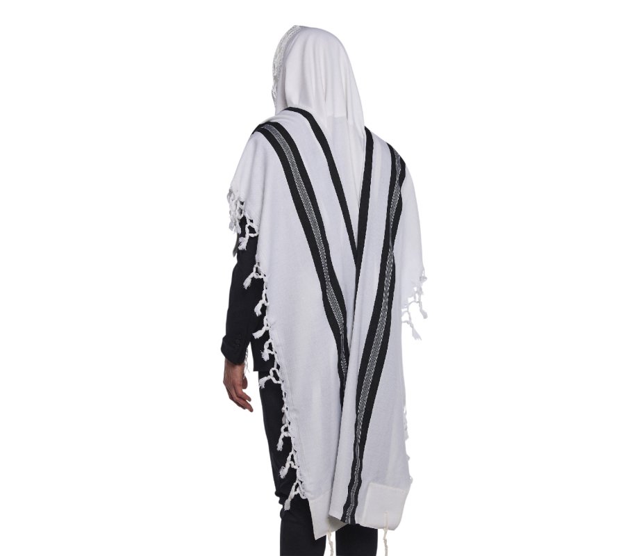 Turkish Style Wool Tallit Non Slip Prayer Shawl with Lining - Black Stripes