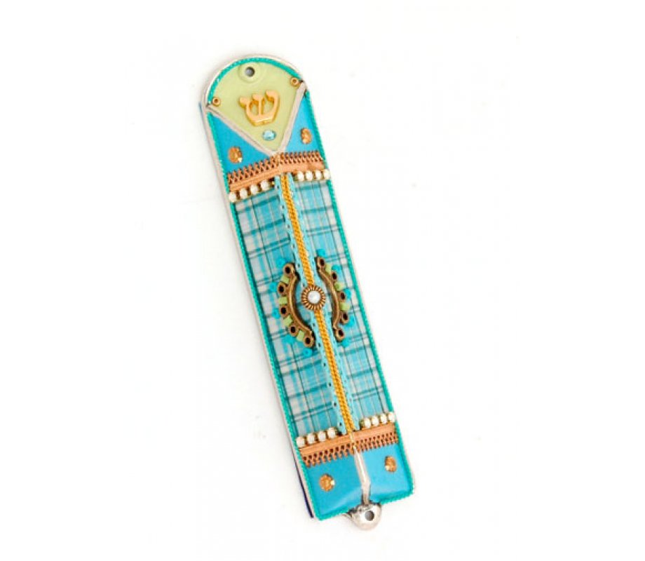 Turquoise Checker Triangular Mezuzah Case - Ester Shahaf