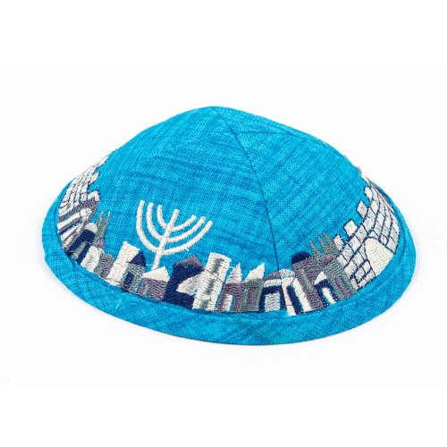 Turquoise Cloth Kippah with Attached Clip and Embroidered Jerusalem Design