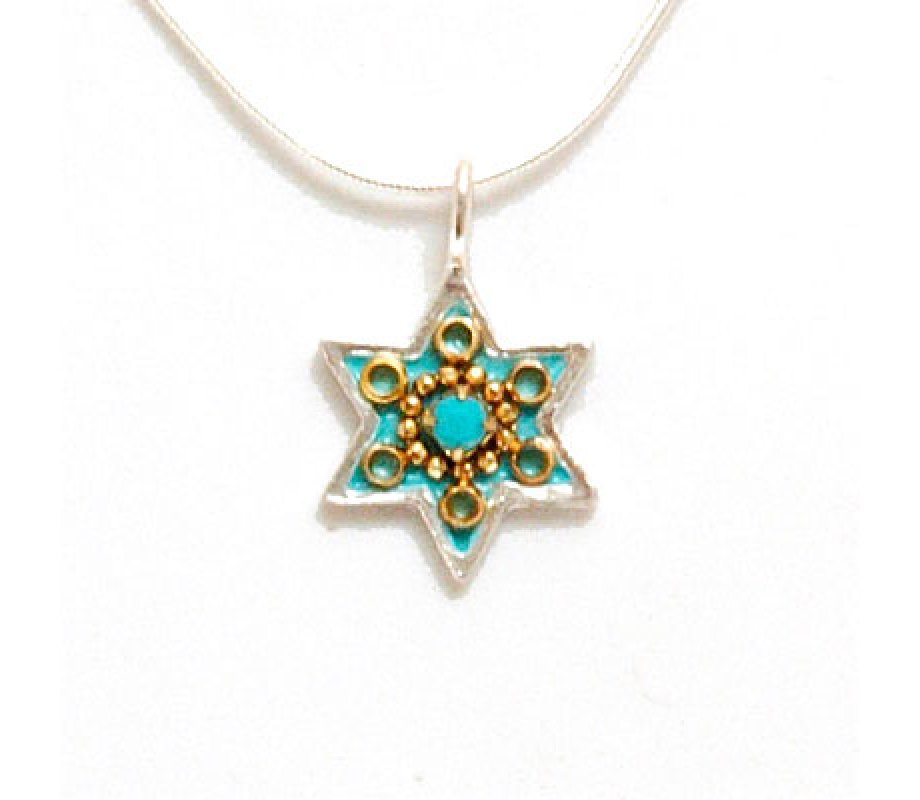 Turquoise Enamel Star of David Pendant by Ester Shahaf