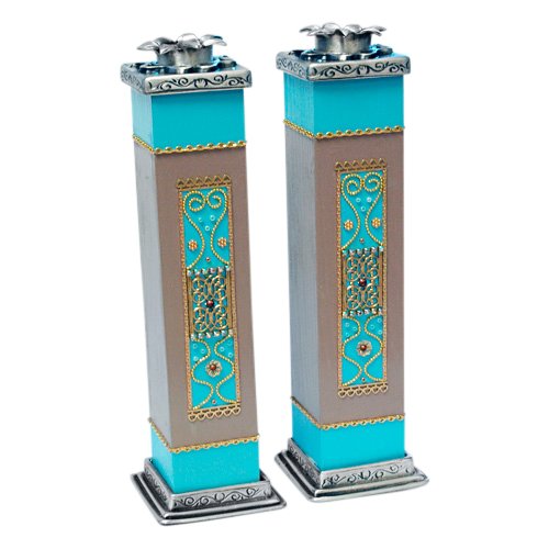Turquoise Wood-Pewter Candlesticks by Ester Shahaf