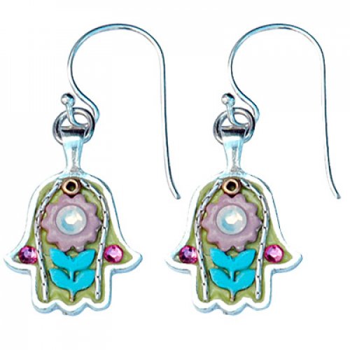 Turquoise-Green Silver Hamsa Earrings by Ester Shahaf