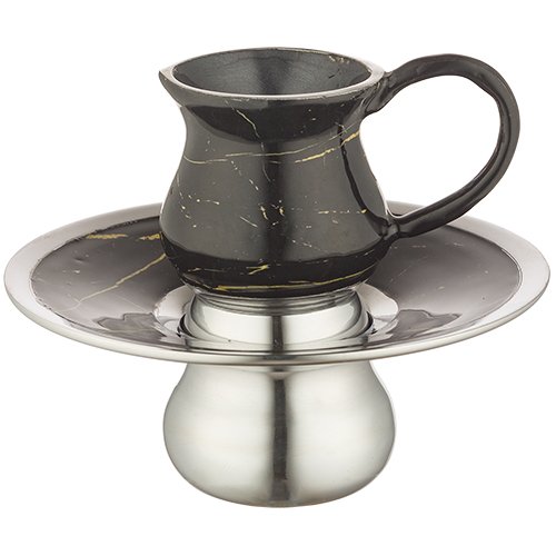 Two Piece Mayim Achronim Set, Black with Gold Marble Streaks, Silver Base