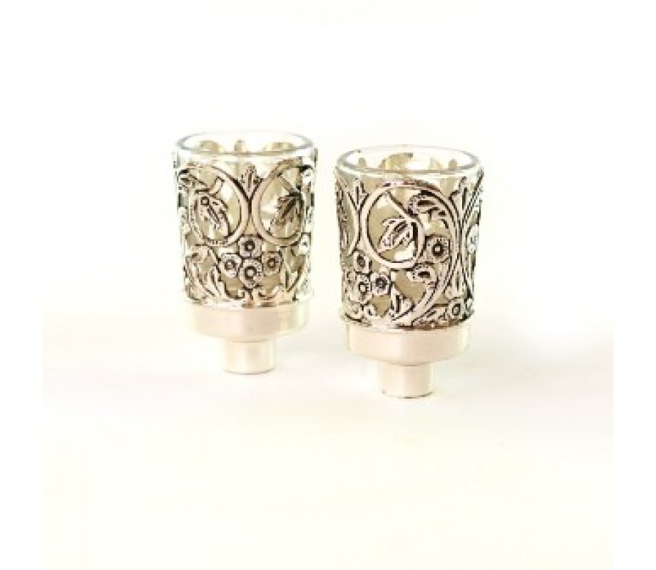 Two Silver Plated Candlestick Inserts, Floral Design - Comes with Glass Holders