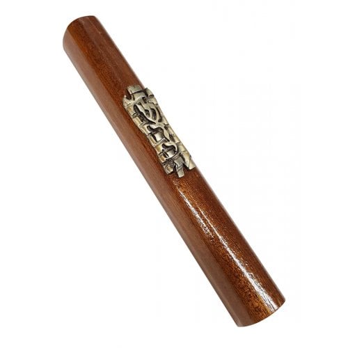 Two Tone Brown Wood Mezuzah Case - Bronze Pewter Western Wall with Divine Name