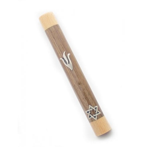 Two Tone Brown Wood Mezuzah Case – Silver Pewter Flame Shin and Star of David