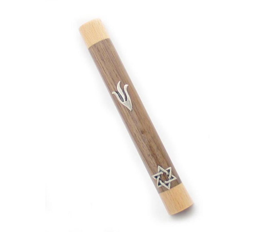 Two Tone Brown Wood Mezuzah Case Silver Pewter Flame Shin and Star of David