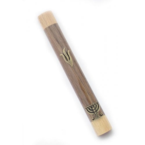 Two Tone Brown Wood Mezuzah Case with Shin and Menorah in Gold Pewter