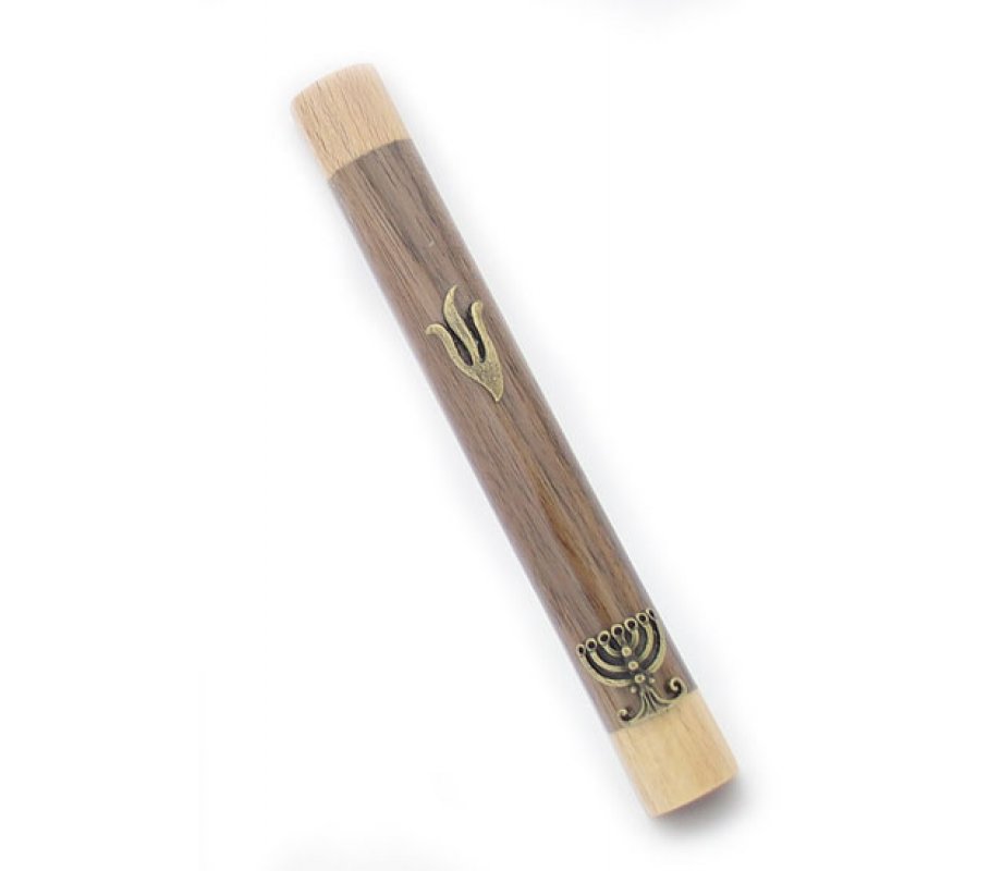 Two Tone Brown Wood Mezuzah Case with Shin and Menorah in Gold Pewter