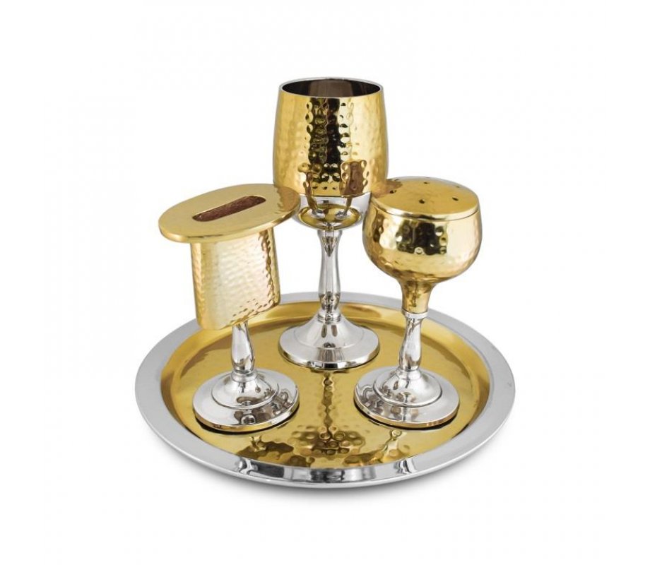 Two Tone Gold and Silver Four-Piece Havdalah Set - Hammered Plated Metal