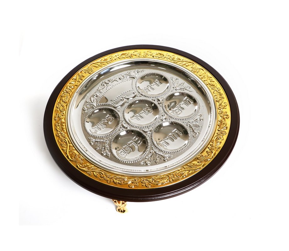 Two Tone Gold and Silver Plated and Wood Passover Seder Plate