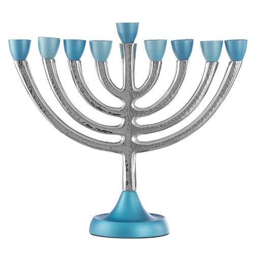 Two Tone, Silver and Blue Chanukah Menorah, Classic Curved Design - 10.2