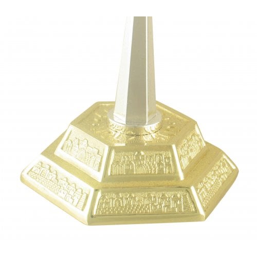 Two Tone Silver and Gold 7-Branch Menorah, Jerusalem Images – 8.6” Height