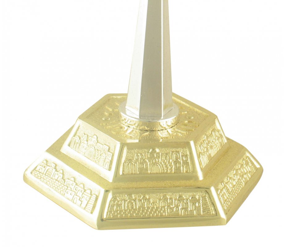 Two Tone Silver and Gold 7-Branch Menorah, Jerusalem Images – 8.6” Height