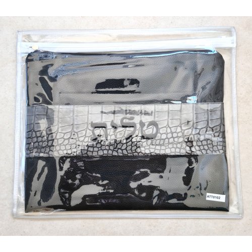 Two-Tone Black and Gray Faux Leather Tallit and Tefillin Bag - Crocodile Design