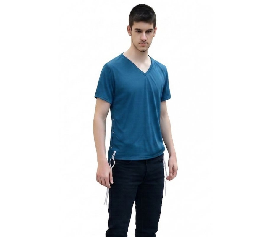 Tzitzit T-Shirt for Men with Kosher Tzitzis, Blue - V Neck, Short Sleeve Cotton Blend