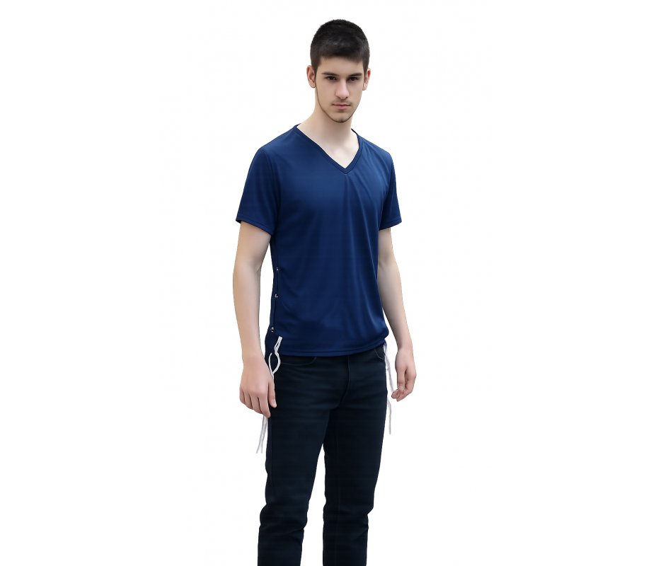 Tzitzit T-Shirt for Men with Kosher Tzitzis, Dark Blue - V Neck, Short Sleeve Cotton Blend