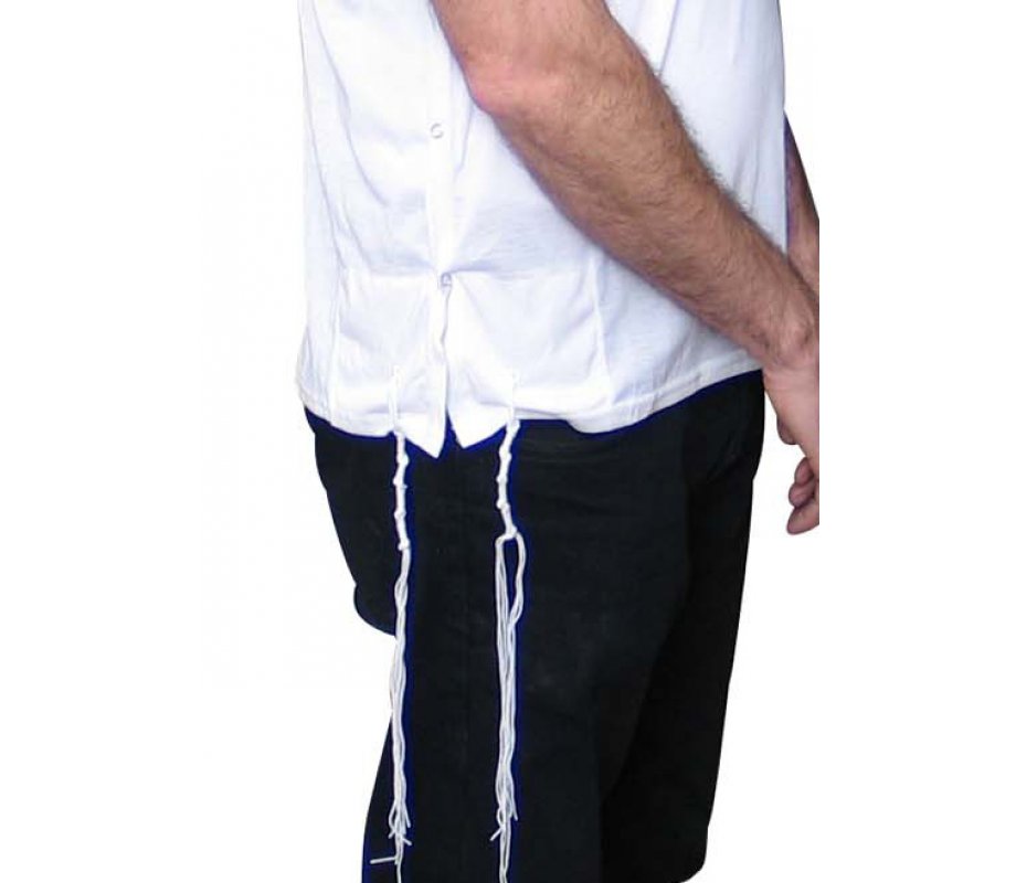 Tzitzit T-Shirt for Men with Kosher Tzitzis, White - V Neck, Short Sleeve Cotton