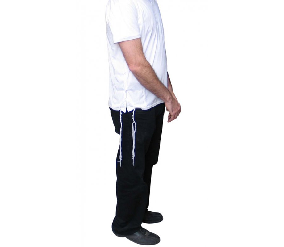 Tzitzit T-Shirt for Men with Kosher Tzitzis, White - V Neck, Short Sleeve Cotton