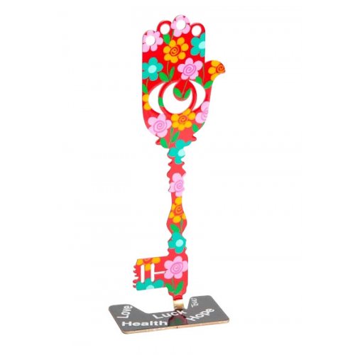 Tzuki Art Hand Painted Flower-Decorated Key Hamsa on Stand - Pink and Red