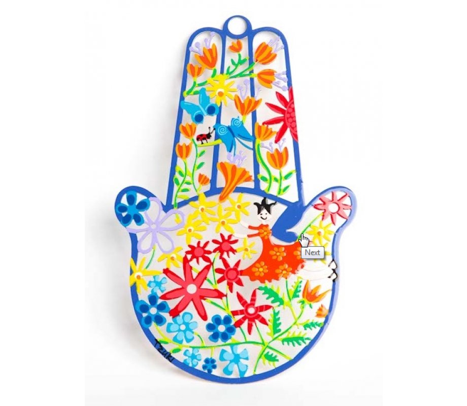 Tzuki Art Hand Painted Hamsa Hand Colorful Flower Display - Blue Frame