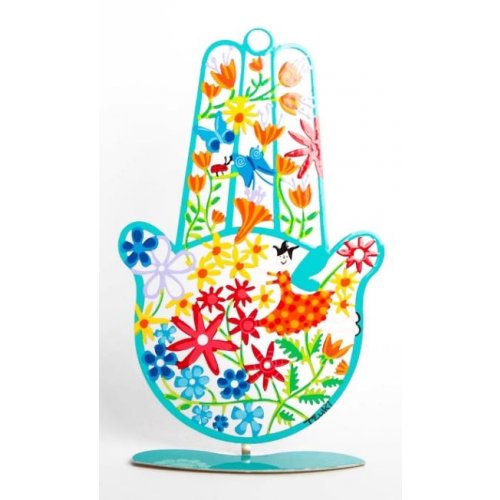 Tzuki Art Hand Painted Hamsa with Stand, Flower Display - Green Frame