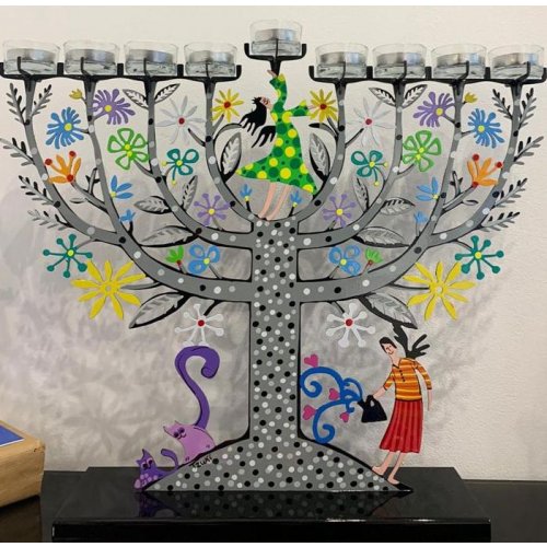 Tzuki Art Hand Painted Hanukkah Menorah, Two Women on Flowery Tree - Black