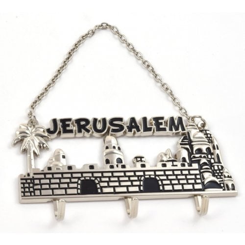 Wall Key Hanger with Chain, Jerusalem Landscape - Silver and Black