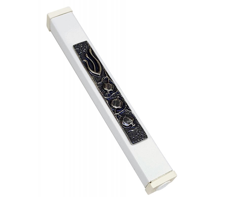 White Aluminum Mezuzah Case Decorative Shin - Pomegranates