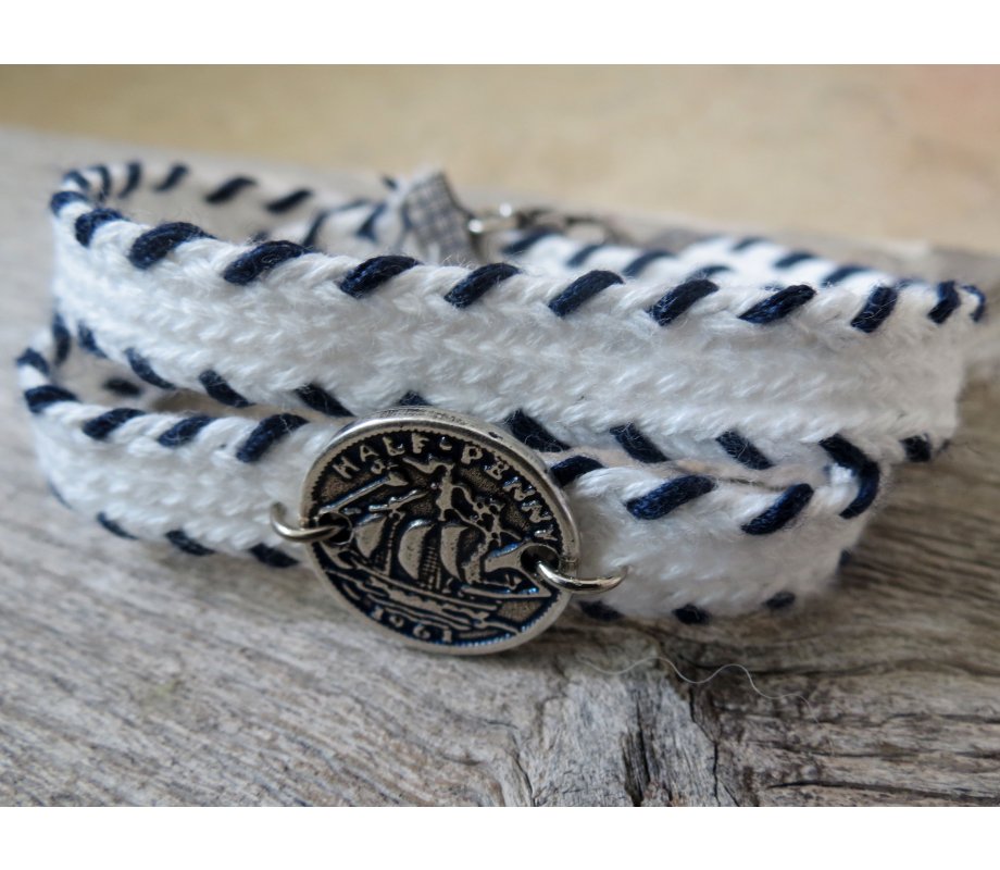 White Cord Bracelet for Men with Coin Element - Only 1 In Stock