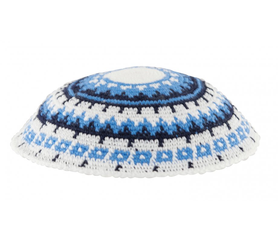 White DMC Knitted Kippah with Blue, Black and White Design