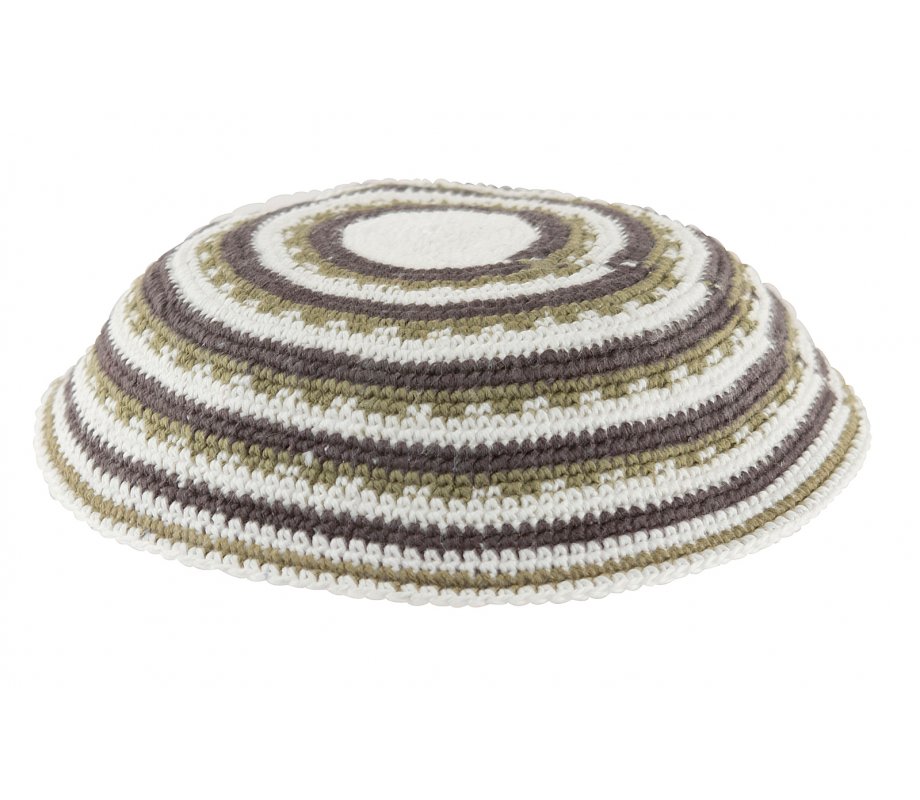 White DMC Knitted Kippah with Green and Purple Concentric Circles