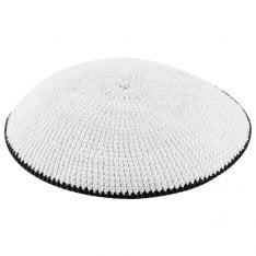 White DMC Knitted Kippah with Thin Black Border Stripe