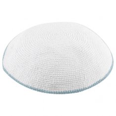 White DMC Knitted Kippah with Thin Light Blue Border Stripe