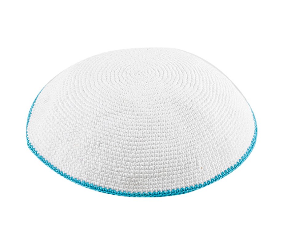White DMC Knitted Kippah with Thin Light Blue Border Stripe - Various Sizes