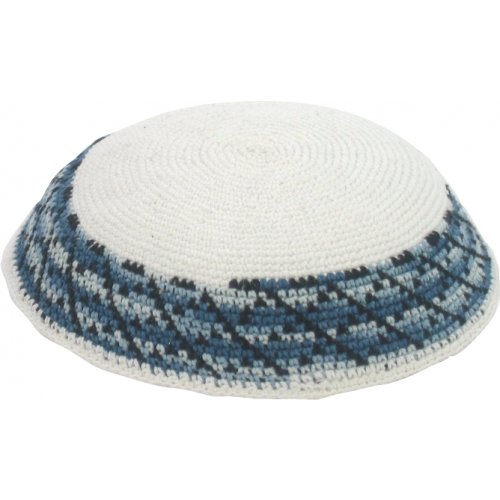 White DMC Knitted Kippah with border in shades of blue